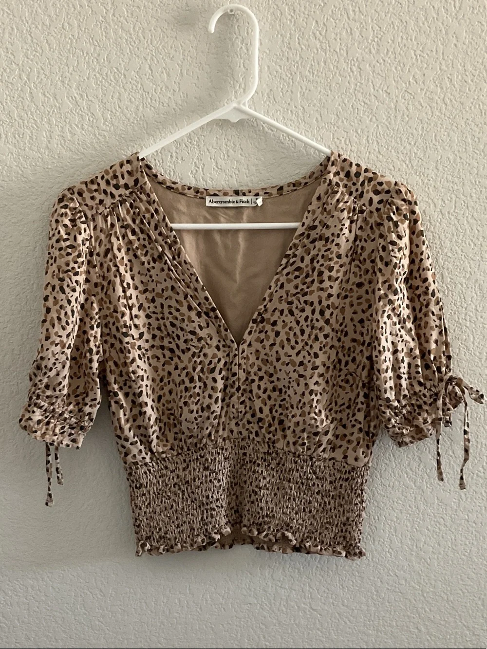 Abercrombie & Fitch Beige Leopard Print V-Neck Smocked Waist Top